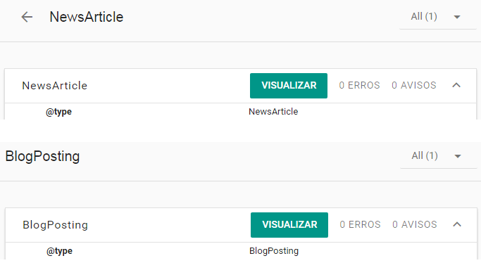 Ferramenta de Dados Estruturados: Botão Visualizar para NewsArticle e BlogPosting