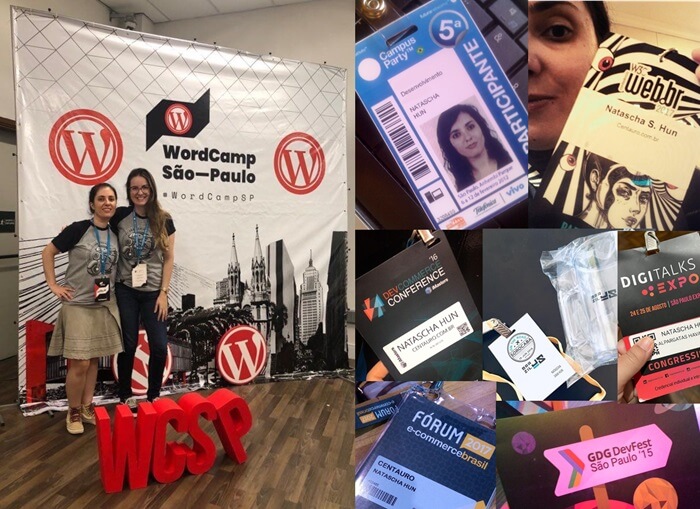 Foto de duas participantes do evento Wordcamp São Paulo e de vários crachás de eventos