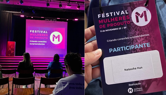 Palco do evento Festival Mulheres de Produto à esquerda e crachá à direita