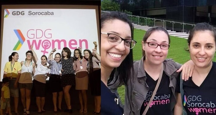 Mulheres em evento GDG Women à esquerda e outras mulheres com a camiseta da comunidade à direita