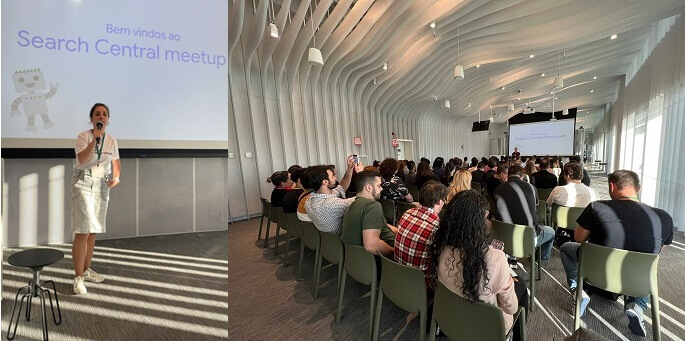 Natascha Hun palestrando no Google Search Central Meetup e platéia