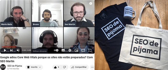 Print de live SEO de Pijama à esquerda e camiseta, caneca e ecobag com logo SEO de Pijama à direita