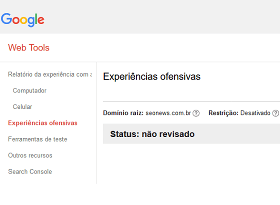 Google Search Console relatorio Experiências Ofensivas