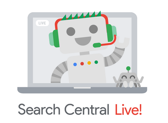 Desenho de notebook com robozinho feliz dentro - logo oficial do evento Google Search Central Live!