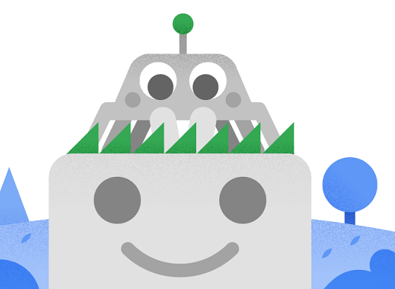 Desenho do rosto do Googlebot sorrindo com aranha robô sobre sua cabeça e árvores azuis ao redor