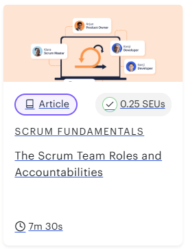 Print de artigo Scrum Fundamentals da Scrum Alliance com duração da leitura e quantidade de 0,25 SEUs a ser ganha.