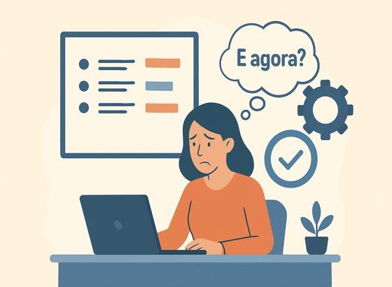 Ilustração de mulher com olhar preocupado olhando para notebook e pensando E agora?