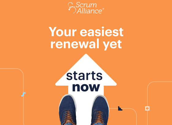 Flecha escrito em inglês "comece agora" e, ao alto, Sua renovação mais fácil - Scrum Alliance